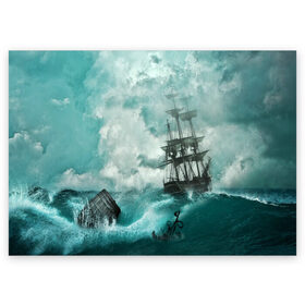 Поздравительная открытка с принтом Море в Новосибирске, 100% бумага | плотность бумаги 280 г/м2, матовая, на обратной стороне линовка и место для марки
 | бочка | вода | волны | корабль | море | небо | новые | облака | океан | природа | шторм | якорь