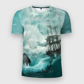 Мужская футболка 3D спортивная с принтом Море в Новосибирске, 100% полиэстер с улучшенными характеристиками | приталенный силуэт, круглая горловина, широкие плечи, сужается к линии бедра | бочка | вода | волны | корабль | море | небо | новые | облака | океан | природа | шторм | якорь