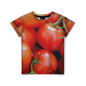 Детская футболка 3D с принтом Томаты в Новосибирске, 100% гипоаллергенный полиэфир | прямой крой, круглый вырез горловины, длина до линии бедер, чуть спущенное плечо, ткань немного тянется | дача | еда | зелень | красный | овощи | огород | помидоры | томаты