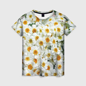 Женская футболка 3D с принтом Ромашки в Новосибирске, 100% полиэфир ( синтетическое хлопкоподобное полотно) | прямой крой, круглый вырез горловины, длина до линии бедер | букет | зелень | лепестки | природа | растения | ромашки | цветы