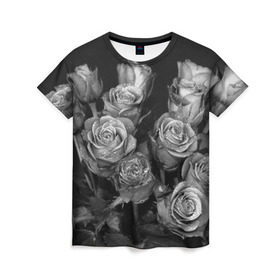Женская футболка 3D с принтом Черно-белые розы в Новосибирске, 100% полиэфир ( синтетическое хлопкоподобное полотно) | прямой крой, круглый вырез горловины, длина до линии бедер | Тематика изображения на принте: букет | цветы