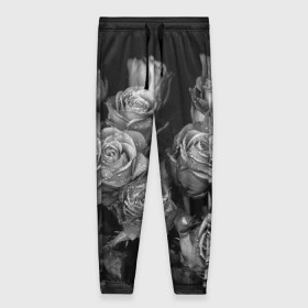 Женские брюки 3D с принтом Черно-белые розы в Новосибирске, полиэстер 100% | прямой крой, два кармана без застежек по бокам, с мягкой трикотажной резинкой на поясе и по низу штанин. В поясе для дополнительного комфорта — широкие завязки | букет | цветы