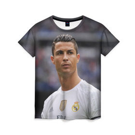 Женская футболка 3D с принтом Cristiano Ronaldo в Новосибирске, 100% полиэфир ( синтетическое хлопкоподобное полотно) | прямой крой, круглый вырез горловины, длина до линии бедер | криштиану роналду | реал мадрид