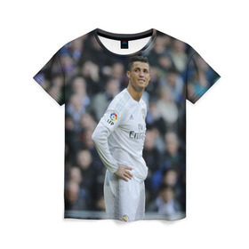 Женская футболка 3D с принтом Cristiano Ronaldo в Новосибирске, 100% полиэфир ( синтетическое хлопкоподобное полотно) | прямой крой, круглый вырез горловины, длина до линии бедер | криштиану роналду | реал мадрид