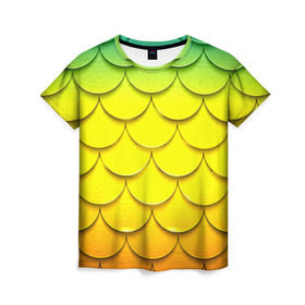 Женская футболка 3D с принтом Волны в Новосибирске, 100% полиэфир ( синтетическое хлопкоподобное полотно) | прямой крой, круглый вырез горловины, длина до линии бедер | желтый | паттерн | чешуя