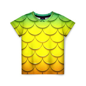 Детская футболка 3D с принтом Волны в Новосибирске, 100% гипоаллергенный полиэфир | прямой крой, круглый вырез горловины, длина до линии бедер, чуть спущенное плечо, ткань немного тянется | Тематика изображения на принте: желтый | паттерн | чешуя