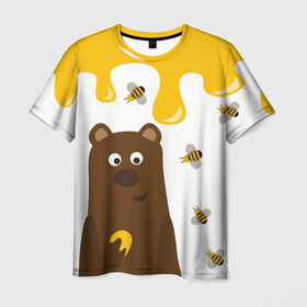 Мужская футболка 3D с принтом Медведь в мёде в Новосибирске, 100% полиэфир | прямой крой, круглый вырез горловины, длина до линии бедер | Тематика изображения на принте: мёд | медведь | миша | пчелы