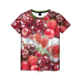 Женская футболка 3D с принтом Ягоды и брызги в Новосибирске, 100% полиэфир ( синтетическое хлопкоподобное полотно) | прямой крой, круглый вырез горловины, длина до линии бедер | брызги | вишня | вода | клубника | летний | лето | нежный | сочный | ягода