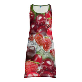 Платье-майка 3D с принтом Ягоды и брызги в Новосибирске, 100% полиэстер | полуприлегающий силуэт, широкие бретели, круглый вырез горловины, удлиненный подол сзади. | брызги | вишня | вода | клубника | летний | лето | нежный | сочный | ягода