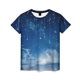 Женская футболка 3D с принтом Ночное небо и звёзда в Новосибирске, 100% полиэфир ( синтетическое хлопкоподобное полотно) | прямой крой, круглый вырез горловины, длина до линии бедер | звёзды | небо | ночной | облака | синий