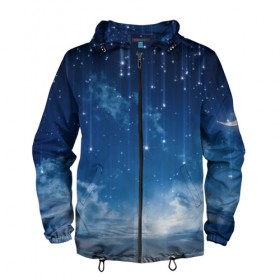 Мужская ветровка 3D с принтом Ночное небо и звёзда в Новосибирске, 100% полиэстер | подол и капюшон оформлены резинкой с фиксаторами, два кармана без застежек по бокам, один потайной карман на груди | звёзды | небо | ночной | облака | синий