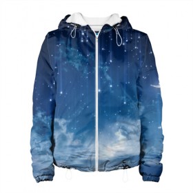 Женская куртка 3D с принтом Ночное небо и звёзда в Новосибирске, ткань верха — 100% полиэстер, подклад — флис | прямой крой, подол и капюшон оформлены резинкой с фиксаторами, два кармана без застежек по бокам, один большой потайной карман на груди. Карман на груди застегивается на липучку | звёзды | небо | ночной | облака | синий