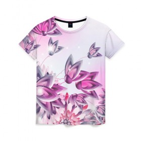 Женская футболка 3D с принтом Розовые цветы в Новосибирске, 100% полиэфир ( синтетическое хлопкоподобное полотно) | прямой крой, круглый вырез горловины, длина до линии бедер | лепестки | прикольные картинки | розовый | цветочки | цветы