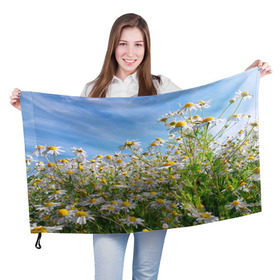 Флаг 3D с принтом Ромашковый рай в Новосибирске, 100% полиэстер | плотность ткани — 95 г/м2, размер — 67 х 109 см. Принт наносится с одной стороны | Тематика изображения на принте: лепестки | небо | прикольные картинки | ромашки | солнце | цветочки | цветы