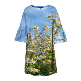 Детское платье 3D с принтом Ромашковый рай в Новосибирске, 100% полиэстер | прямой силуэт, чуть расширенный к низу. Круглая горловина, на рукавах — воланы | Тематика изображения на принте: лепестки | небо | прикольные картинки | ромашки | солнце | цветочки | цветы