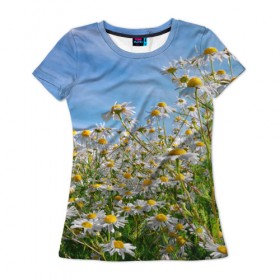 Женская футболка 3D с принтом Ромашковый рай в Новосибирске, 100% полиэфир ( синтетическое хлопкоподобное полотно) | прямой крой, круглый вырез горловины, длина до линии бедер | лепестки | небо | прикольные картинки | ромашки | солнце | цветочки | цветы