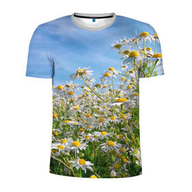 Мужская футболка 3D спортивная с принтом Ромашковый рай в Новосибирске, 100% полиэстер с улучшенными характеристиками | приталенный силуэт, круглая горловина, широкие плечи, сужается к линии бедра | лепестки | небо | прикольные картинки | ромашки | солнце | цветочки | цветы