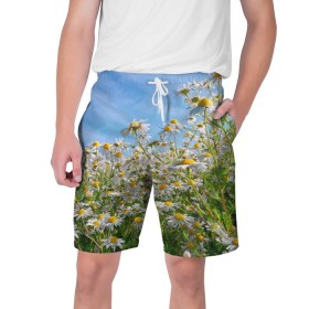 Мужские шорты 3D с принтом Ромашковый рай в Новосибирске,  полиэстер 100% | прямой крой, два кармана без застежек по бокам. Мягкая трикотажная резинка на поясе, внутри которой широкие завязки. Длина чуть выше колен | лепестки | небо | прикольные картинки | ромашки | солнце | цветочки | цветы