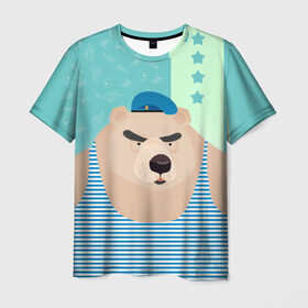 Мужская футболка 3D с принтом Медведь - вдвшник в Новосибирске, 100% полиэфир | прямой крой, круглый вырез горловины, длина до линии бедер | Тематика изображения на принте: вдв | военные | военный | воздушные войска | медведь | морпех | нас мало но мы в тельняшках | русский | солдат | тельняшка
