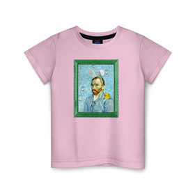 Детская футболка хлопок с принтом Детство Ван Гога в Новосибирске, 100% хлопок | круглый вырез горловины, полуприлегающий силуэт, длина до линии бедер | автопортрет | ван гог | детство | зайчик | зелёный | личность | портрет | рама | рамка | синий | уточка | ушки