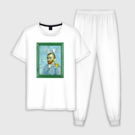Мужская пижама хлопок с принтом Детство Ван Гога в Новосибирске, 100% хлопок | брюки и футболка прямого кроя, без карманов, на брюках мягкая резинка на поясе и по низу штанин
 | Тематика изображения на принте: автопортрет | ван гог | детство | зайчик | зелёный | личность | портрет | рама | рамка | синий | уточка | ушки