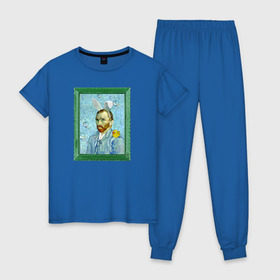 Женская пижама хлопок с принтом Детство Ван Гога в Новосибирске, 100% хлопок | брюки и футболка прямого кроя, без карманов, на брюках мягкая резинка на поясе и по низу штанин | автопортрет | ван гог | детство | зайчик | зелёный | личность | портрет | рама | рамка | синий | уточка | ушки