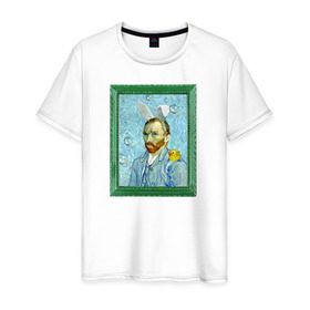 Мужская футболка хлопок с принтом Детство Ван Гога в Новосибирске, 100% хлопок | прямой крой, круглый вырез горловины, длина до линии бедер, слегка спущенное плечо. | автопортрет | ван гог | детство | зайчик | зелёный | личность | портрет | рама | рамка | синий | уточка | ушки
