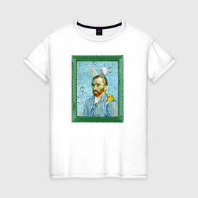 Женская футболка хлопок с принтом Детство Ван Гога в Новосибирске, 100% хлопок | прямой крой, круглый вырез горловины, длина до линии бедер, слегка спущенное плечо | автопортрет | ван гог | детство | зайчик | зелёный | личность | портрет | рама | рамка | синий | уточка | ушки