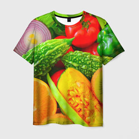 Мужская футболка 3D с принтом Овощи в Новосибирске, 100% полиэфир | прямой крой, круглый вырез горловины, длина до линии бедер | Тематика изображения на принте: апельсин | диета | киви | лук | овощ | огурец | помидор