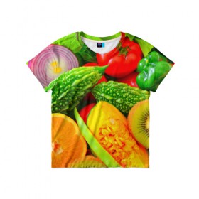 Детская футболка 3D с принтом Овощи в Новосибирске, 100% гипоаллергенный полиэфир | прямой крой, круглый вырез горловины, длина до линии бедер, чуть спущенное плечо, ткань немного тянется | Тематика изображения на принте: апельсин | диета | киви | лук | овощ | огурец | помидор