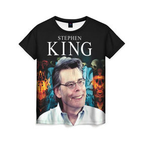 Женская футболка 3D с принтом Стивен Кинг - Король ужасов в Новосибирске, 100% полиэфир ( синтетическое хлопкоподобное полотно) | прямой крой, круглый вырез горловины, длина до линии бедер | король ужасов | писатель | триллер | ужасы