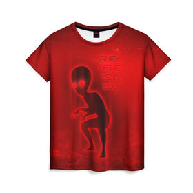 Женская футболка 3D с принтом They belive in you в Новосибирске, 100% полиэфир ( синтетическое хлопкоподобное полотно) | прямой крой, круглый вырез горловины, длина до линии бедер | инопланетяне | инопланетянин | красный | марс | марсианин | нло