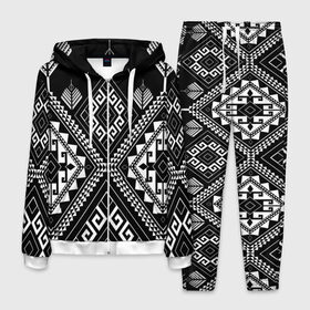 Мужской костюм 3D с принтом Индейские мотивы в Новосибирске, 100% полиэстер | Манжеты и пояс оформлены тканевой резинкой, двухслойный капюшон со шнурком для регулировки, карманы спереди | Тематика изображения на принте: вышивка | орнамент | свитер | черно белый