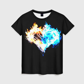 Женская футболка 3D с принтом Огненное сердце в Новосибирске, 100% полиэфир ( синтетическое хлопкоподобное полотно) | прямой крой, круглый вырез горловины, длина до линии бедер | огонь