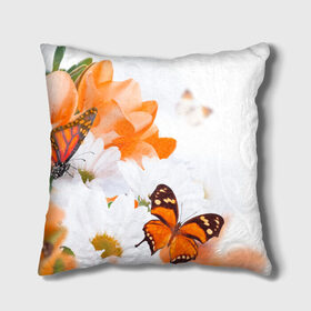Подушка 3D с принтом Оранж в Новосибирске, наволочка – 100% полиэстер, наполнитель – холлофайбер (легкий наполнитель, не вызывает аллергию). | состоит из подушки и наволочки. Наволочка на молнии, легко снимается для стирки | бабочки | лепестки | оранжевый | цветочки | цветы