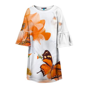 Детское платье 3D с принтом Оранж в Новосибирске, 100% полиэстер | прямой силуэт, чуть расширенный к низу. Круглая горловина, на рукавах — воланы | бабочки | лепестки | оранжевый | цветочки | цветы