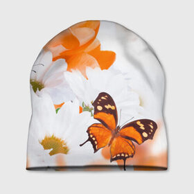 Шапка 3D с принтом Оранж в Новосибирске, 100% полиэстер | универсальный размер, печать по всей поверхности изделия | бабочки | лепестки | оранжевый | цветочки | цветы