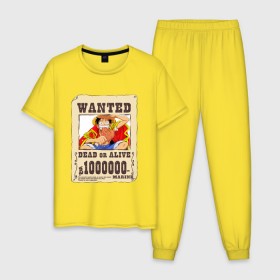 Мужская пижама хлопок с принтом Wanted Luffy в Новосибирске, 100% хлопок | брюки и футболка прямого кроя, без карманов, на брюках мягкая резинка на поясе и по низу штанин
 | ван пис | луффи | разыскивается