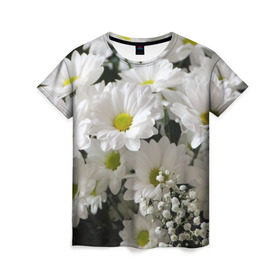 Женская футболка 3D с принтом Белоснежное цветение в Новосибирске, 100% полиэфир ( синтетическое хлопкоподобное полотно) | прямой крой, круглый вырез горловины, длина до линии бедер | Тематика изображения на принте: ландыши | лепестки | прикольные картинки | ромашки | цветочки | цветы