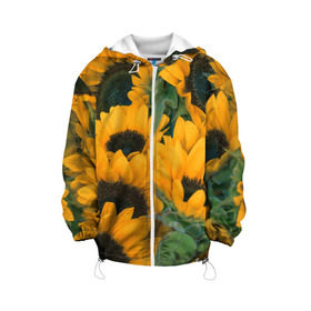 Детская куртка 3D с принтом Подсолнухи в Новосибирске, 100% полиэстер | застежка — молния, подол и капюшон оформлены резинкой с фиксаторами, по бокам — два кармана без застежек, один потайной карман на груди, плотность верхнего слоя — 90 г/м2; плотность флисового подклада — 260 г/м2 | желтый | зеленый | лето | подсолнухи | цветы | черный