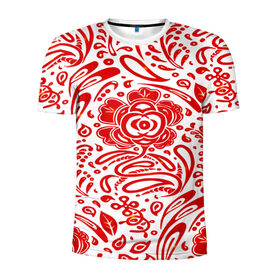 Мужская футболка 3D спортивная с принтом Хохлома в Новосибирске, 100% полиэстер с улучшенными характеристиками | приталенный силуэт, круглая горловина, широкие плечи, сужается к линии бедра | белый | красный | орнамент | растительный