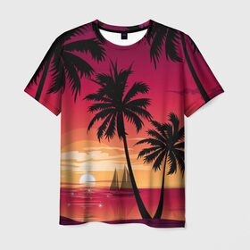 Мужская футболка 3D с принтом Пальмы в Новосибирске, 100% полиэфир | прямой крой, круглый вырез горловины, длина до линии бедер | лето | море | пальмы