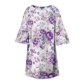 Детское платье 3D с принтом Цветы ретро 2 в Новосибирске, 100% полиэстер | прямой силуэт, чуть расширенный к низу. Круглая горловина, на рукавах — воланы | Тематика изображения на принте:   | винтаж | прованс | роза | роспись | узор | цветок | цветы