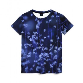 Женская футболка 3D с принтом Ночные цветы в Новосибирске, 100% полиэфир ( синтетическое хлопкоподобное полотно) | прямой крой, круглый вырез горловины, длина до линии бедер | лепестки | ночь | прикольные картинки | синий | цветочки | цветы
