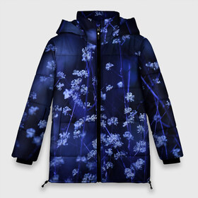 Женская зимняя куртка 3D с принтом Ночные цветы в Новосибирске, верх — 100% полиэстер; подкладка — 100% полиэстер; утеплитель — 100% полиэстер | длина ниже бедра, силуэт Оверсайз. Есть воротник-стойка, отстегивающийся капюшон и ветрозащитная планка. 

Боковые карманы с листочкой на кнопках и внутренний карман на молнии | лепестки | ночь | прикольные картинки | синий | цветочки | цветы
