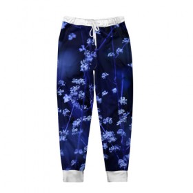 Мужские брюки 3D с принтом Ночные цветы в Новосибирске, 100% полиэстер | манжеты по низу, эластичный пояс регулируется шнурком, по бокам два кармана без застежек, внутренняя часть кармана из мелкой сетки | лепестки | ночь | прикольные картинки | синий | цветочки | цветы