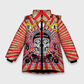 Зимняя куртка для девочек 3D с принтом Moto t-shirt 3 в Новосибирске, ткань верха — 100% полиэстер; подклад — 100% полиэстер, утеплитель — 100% полиэстер. | длина ниже бедра, удлиненная спинка, воротник стойка и отстегивающийся капюшон. Есть боковые карманы с листочкой на кнопках, утяжки по низу изделия и внутренний карман на молнии. 

Предусмотрены светоотражающий принт на спинке, радужный светоотражающий элемент на пуллере молнии и на резинке для утяжки. | Тематика изображения на принте: american football | baseball | fashion | football | motorcycles | sport | sport league | style | team | west |  мото | американский футбол | бейсбол | запад | команды | мода | мотоциклы | надписи | спорт | спортивные лиги | стиль | футбол
