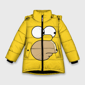 Зимняя куртка для девочек 3D с принтом Гомер Симпсон в Новосибирске, ткань верха — 100% полиэстер; подклад — 100% полиэстер, утеплитель — 100% полиэстер. | длина ниже бедра, удлиненная спинка, воротник стойка и отстегивающийся капюшон. Есть боковые карманы с листочкой на кнопках, утяжки по низу изделия и внутренний карман на молнии. 

Предусмотрены светоотражающий принт на спинке, радужный светоотражающий элемент на пуллере молнии и на резинке для утяжки. | simpsons | гомер | симпсон | симпсоны