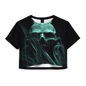 Женская футболка 3D укороченная с принтом Череп на дне в Новосибирске, 100% полиэстер | круглая горловина, длина футболки до линии талии, рукава с отворотами | вода | водоросли | дьявол | монстр | прикольные картинки | череп