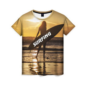 Женская футболка 3D с принтом Surfing в Новосибирске, 100% полиэфир ( синтетическое хлопкоподобное полотно) | прямой крой, круглый вырез горловины, длина до линии бедер | волна | девушка | море | прикольные картинки | сёрфинг | солнце | спорт | экстрим